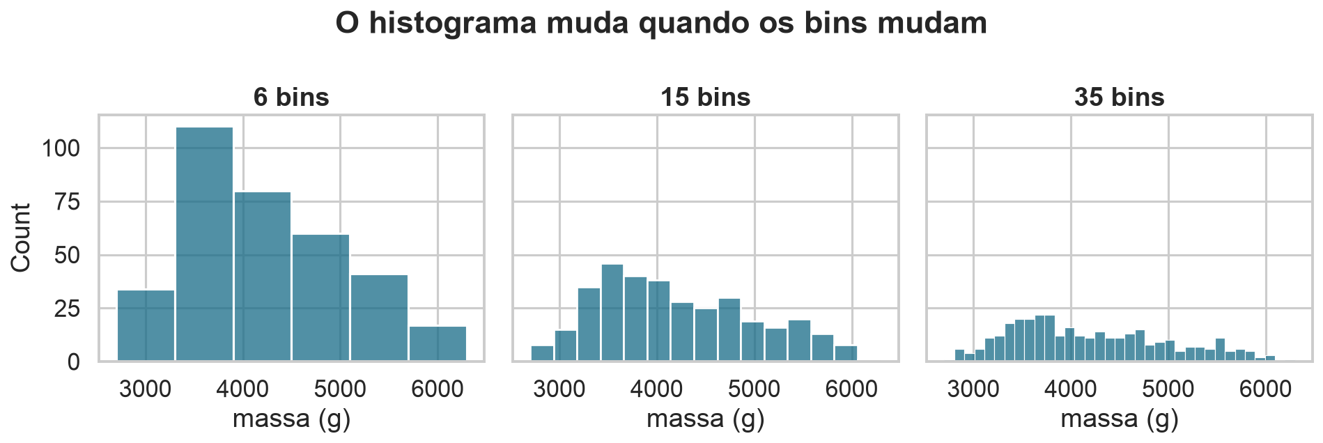 Três histogramas da mesma variável com diferentes quantidades de bins.