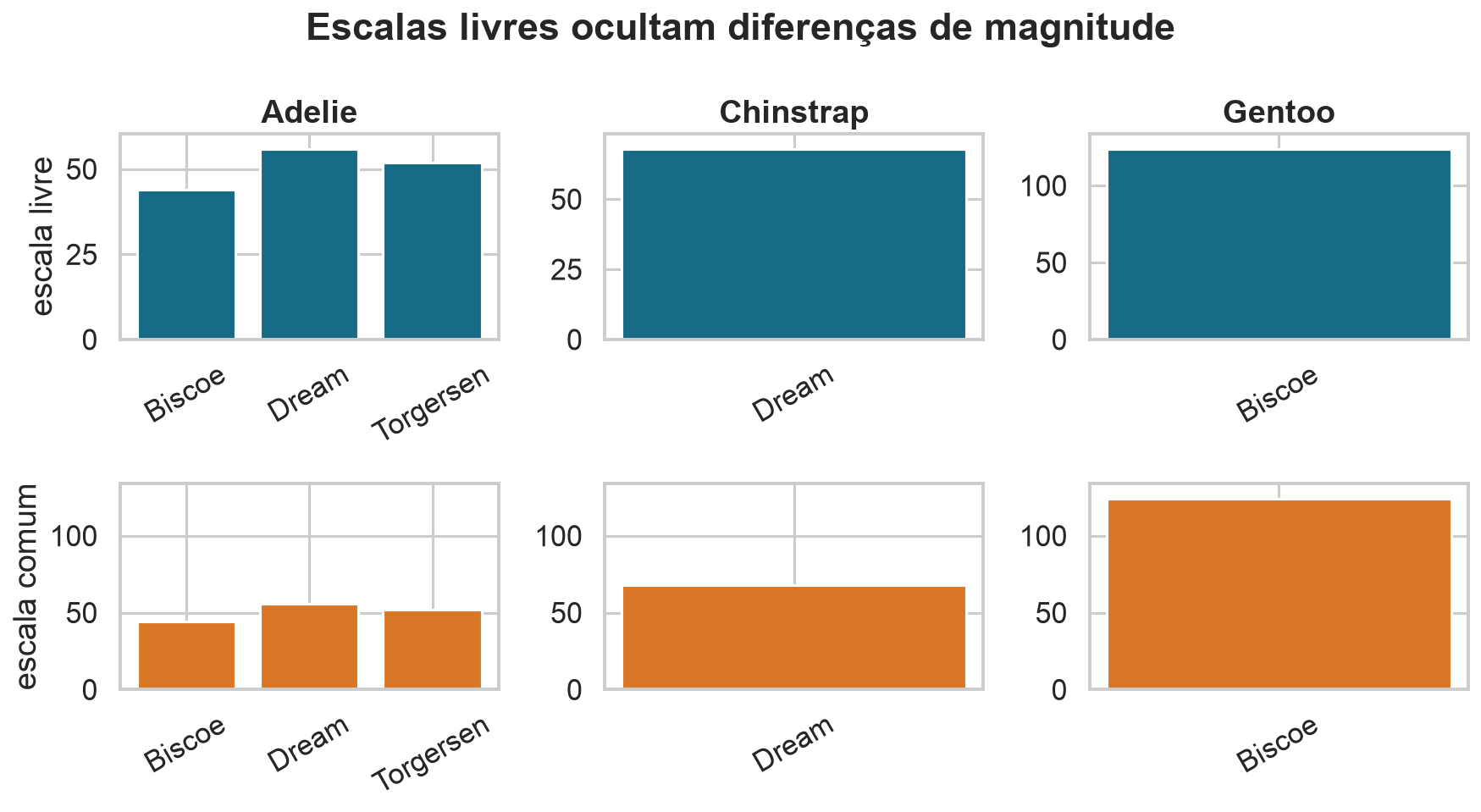Contagens por ilha e espécie usando escalas livres e escala vertical comum.