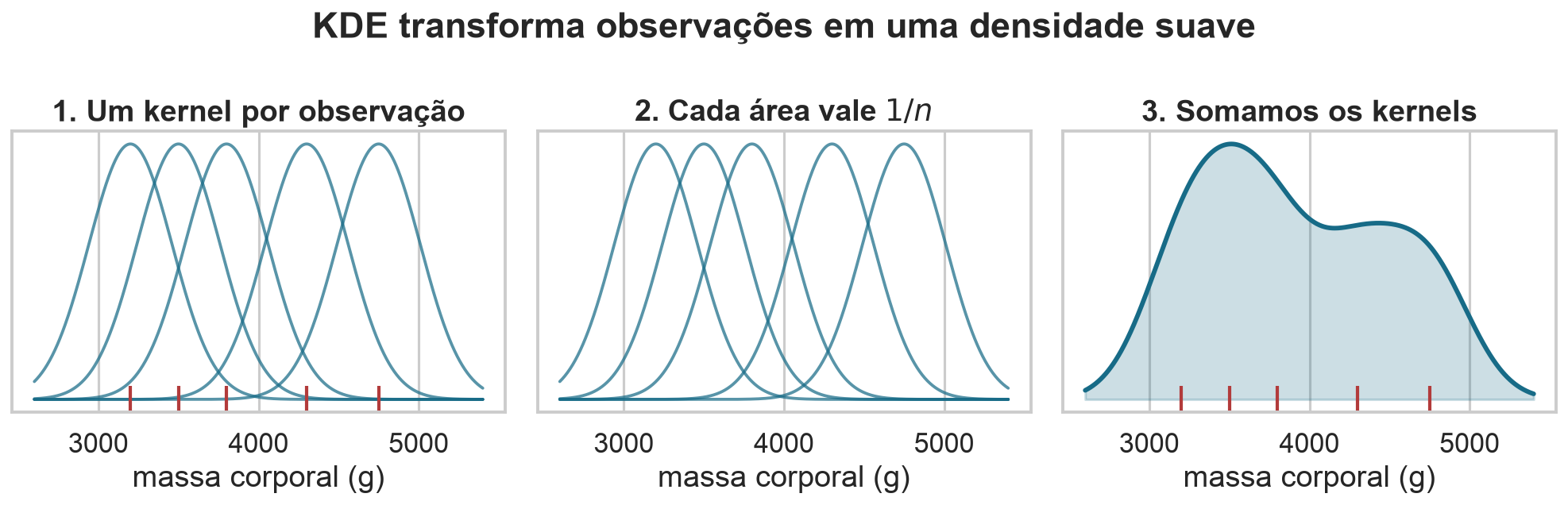 Construção de uma KDE em três passos: kernels nas observações, normalização e soma.