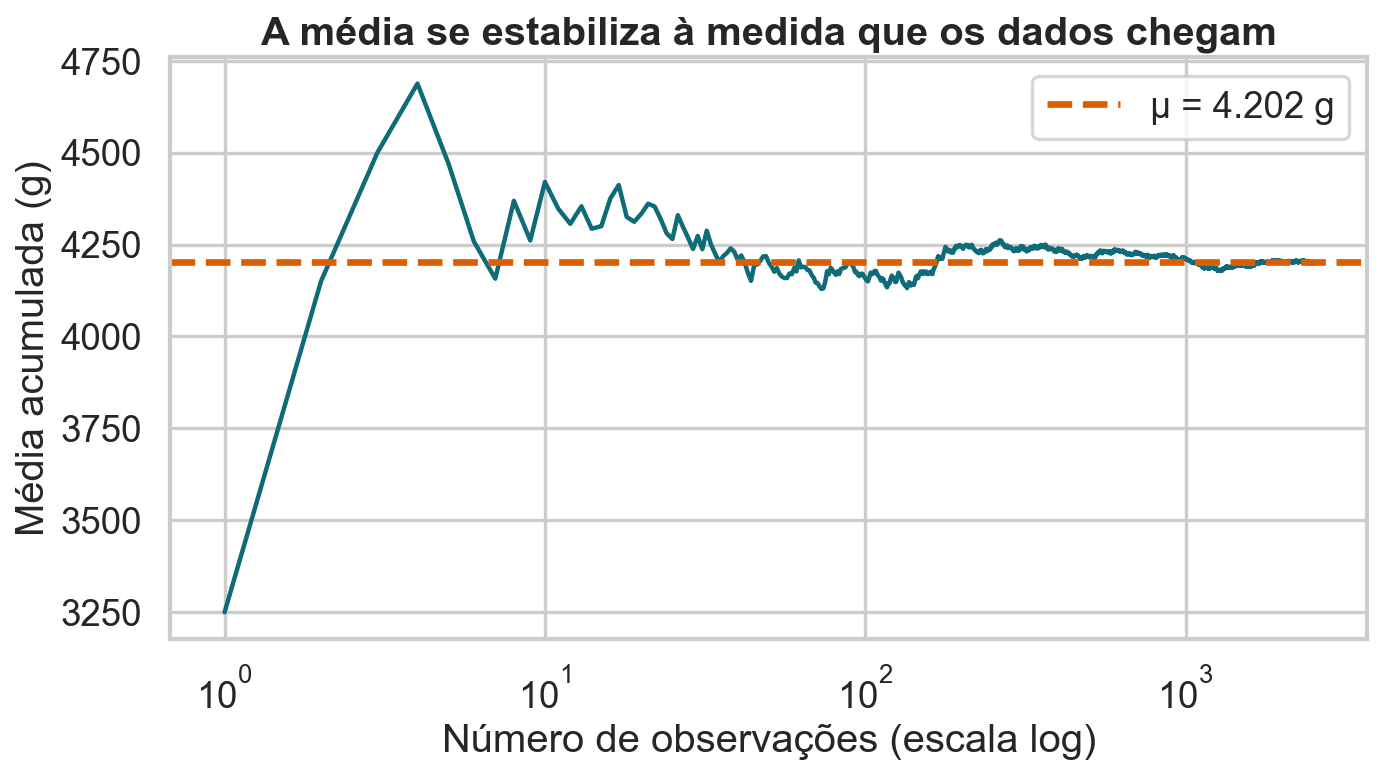 Média acumulada da massa corporal ao longo de 2500 observações, oscilando e depois se estabilizando perto da média populacional.