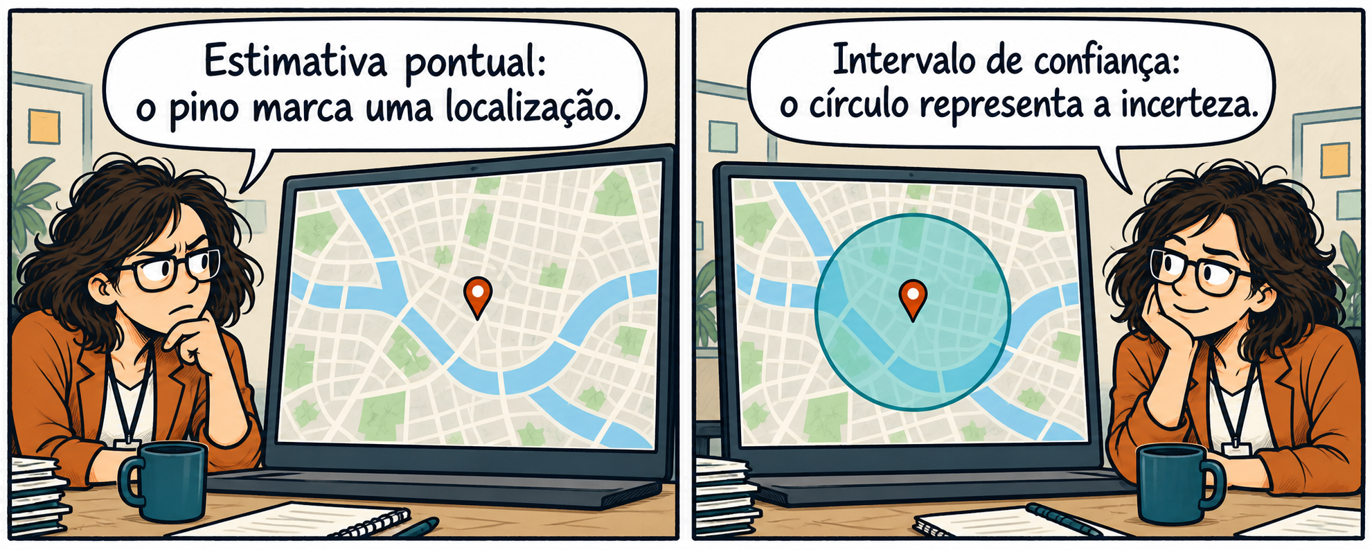 Tirinha em dois quadros com mapas idênticos. No primeiro, um pino marca uma localização e representa a estimativa pontual. No segundo, um círculo ao redor do pino representa a região de incerteza associada ao intervalo de confiança.