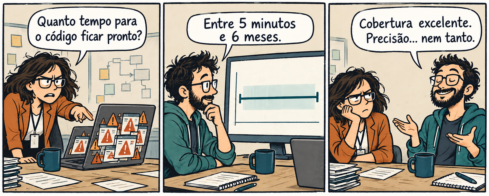 Tirinha em três quadros. Uma gerente pergunta quanto tempo falta para o código ficar pronto. Um desenvolvedor responde que levará entre cinco minutos e seis meses. No último quadro, ele conclui: cobertura excelente, precisão nem tanto.
